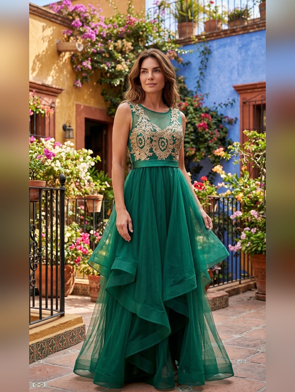 Nwot Jodi Kristopher Emerald Green w/Gold Floral Lace Asymmetrical Tiere…